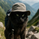 黒い長毛の猫むーちゃんがグレーのハットをかぶり、小さなザックを背負ってトレッキングポールを持ちながら岩場の山道を登っている様子。背景には緑の山並みと青空が広がっている。
